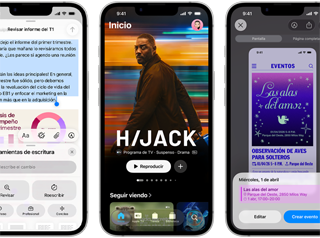 Dispositivos iPhone 17e uno al lado del otro que muestran diferentes pantallas: un juego, Herramientas de Escritura, app Apple TV, la creaci&oacute;n de un evento en el calendario, la creaci&oacute;n de un Genmoji