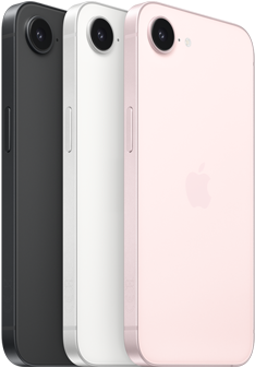 iPhone 17e, partes lateral y posterior, color negro, partes lateral y posterior, color blanco, partes lateral y posterior, color rosa p&aacute;lido, c&aacute;mara Fusion en la esquina superior, bot&oacute;n lateral