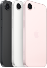 iPhone 17e, partes lateral y posterior, color negro, partes lateral y posterior, color blanco, partes lateral y posterior, color rosa p&aacute;lido, c&aacute;mara Fusion en la esquina superior, bot&oacute;n lateral