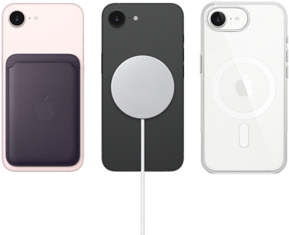 iPhone 17e en color rosa pálido con cartera de FineWoven en color morado medianoche, iPhone 17e en color negro y cargador MagSafe, iPhone 17e en color blanco con funda transparente con MagSafe