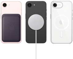iPhone 17e en color rosa pálido con cartera de FineWoven en color morado medianoche, iPhone 17e en color negro y cargador MagSafe, iPhone 17e en color blanco con funda transparente con MagSafe