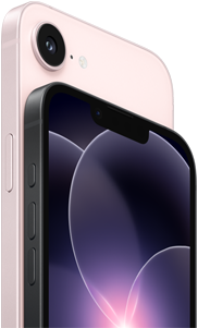 iPhone 17e, partes lateral y posterior en horizontal, color rosa p&aacute;lido, iPhone 17e, partes lateral y frontal en horizontal, color negro