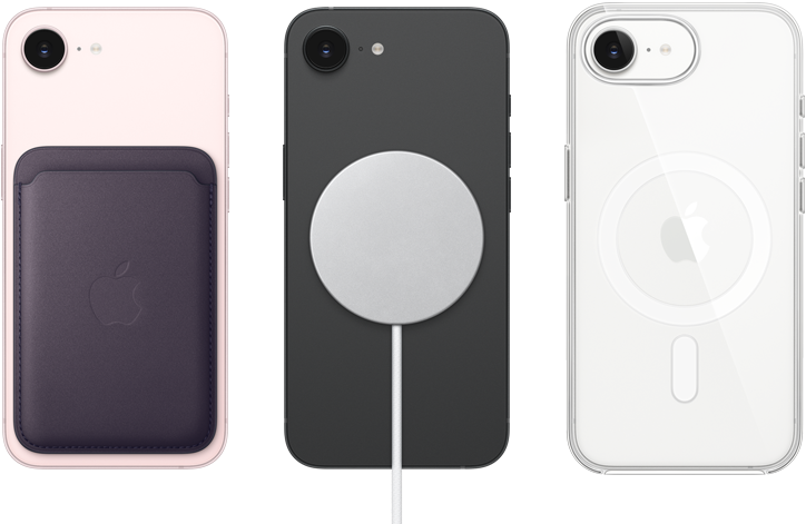 iPhone 17e, parte posterior, color rosa p&aacute;lido, cartera de FineWoven con MagSafe acoplado, iPhone 17e, parte posterior, color negro, cargador MagSafe acoplado, iPhone 17e, parte posterior, color blanco, funda transparente con MagSafe acoplado