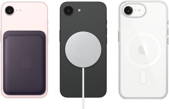 iPhone 17e, parte posterior, color rosa p&aacute;lido, cartera de FineWoven con MagSafe acoplado, iPhone 17e, parte posterior, color negro, cargador MagSafe acoplado, iPhone 17e, parte posterior, color blanco, funda transparente con MagSafe acoplado